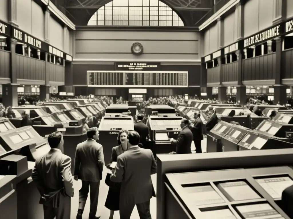 Una ilustración vintage de la bulliciosa sala de la bolsa de valores, con operadores en trajes gestuales y gritando entre máquinas de cinta de ticker y arquitectura clásica