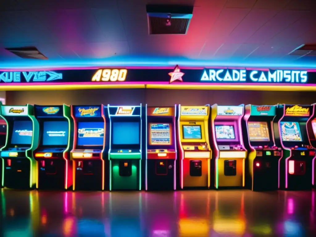 Competencias de Esports en la era de las arcadas Una fotografía vintage de un bullicioso arcade de los 80, con pantallas pixeladas y jugadores inmersos en competencias de Esports