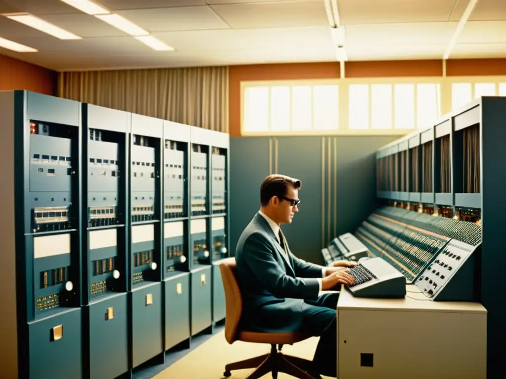 Un bullicioso cuarto de computadoras vintage de los años 1960, con grandes mainframes, cintas de bobina a bobina y técnicos trabajando entre cables