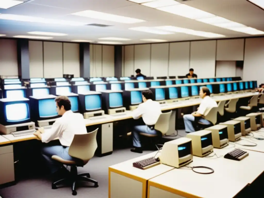 Una fotografía vintage de un bullicioso laboratorio de computación de los años 80, con antiguas computadoras de escritorio y técnicos trabajando en sistemas mainframe masivos