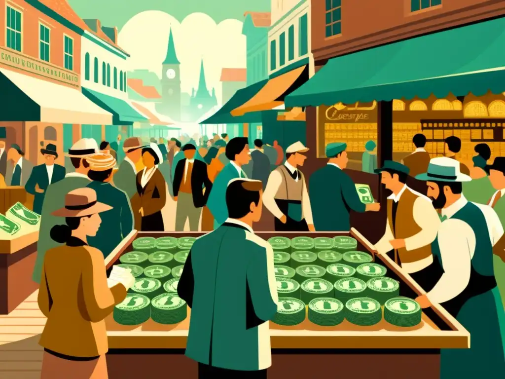 Ilustración vintage de un bullicioso mercado donde la gente intercambia monedas, reflejando el surgimiento de las criptomonedas