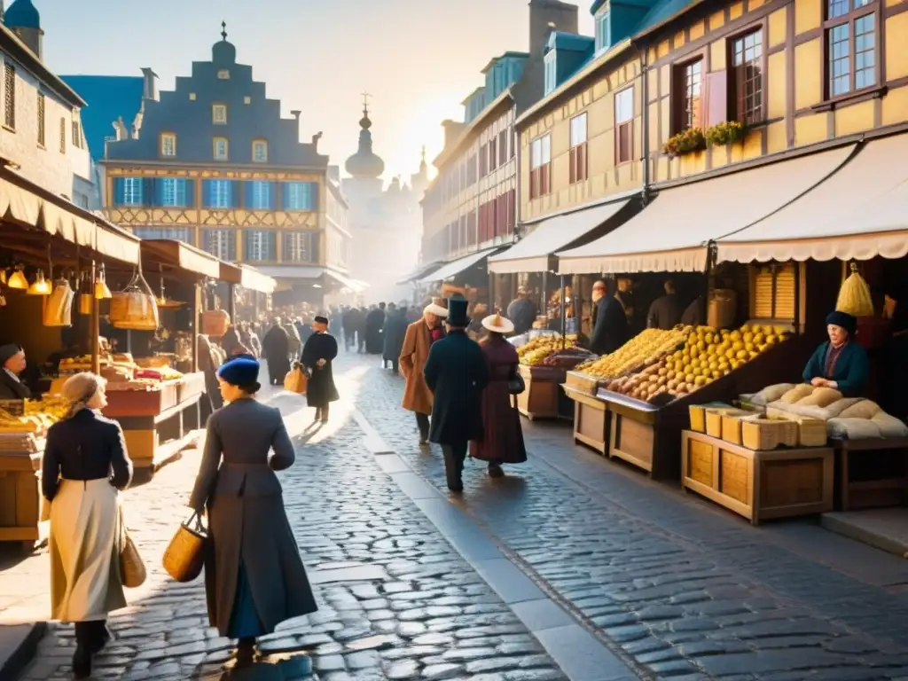 En un bullicioso mercado del siglo XIX, vendedores ofrecen mercancías desde puestos de madera bajo la cálida luz dorada