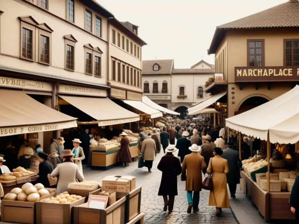 En un bullicioso mercado vintage, la gente realiza transacciones mientras se mezclan la arquitectura antigua y la ropa tradicional