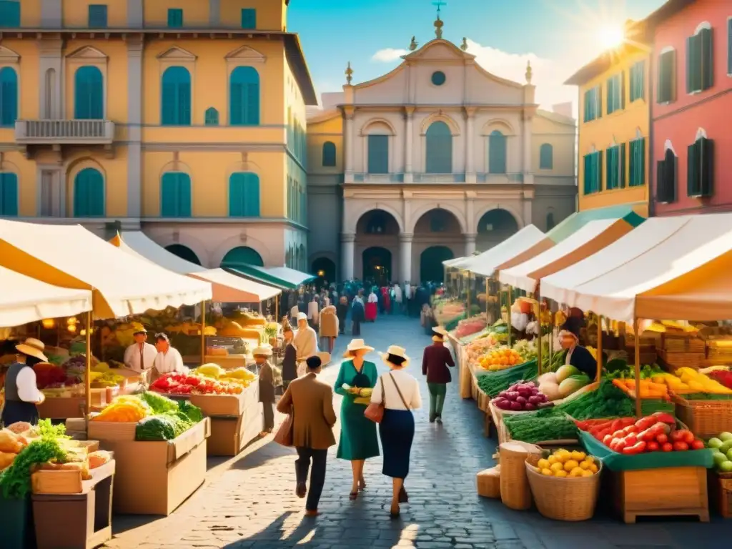 Un bullicioso mercado vintage con vendedores y productos frescos bajo la cálida luz del sol