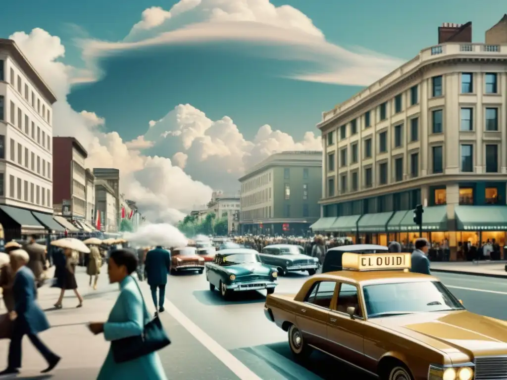 Un bullicioso paisaje urbano con autos clásicos y peatones, superpuesto con una red de computación en la nube