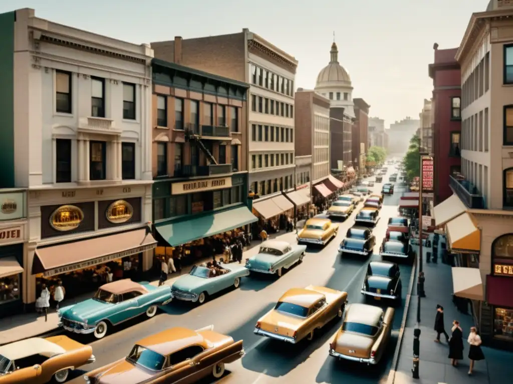 Un bullicioso paisaje urbano vintage con automóviles clásicos, peatones en atuendos retro y escaparates con letreros desgastados