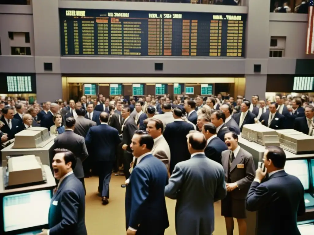 Una fotografía vintage de un bullicioso piso de bolsa, evocando la intensidad y energía del trading en una era pasada