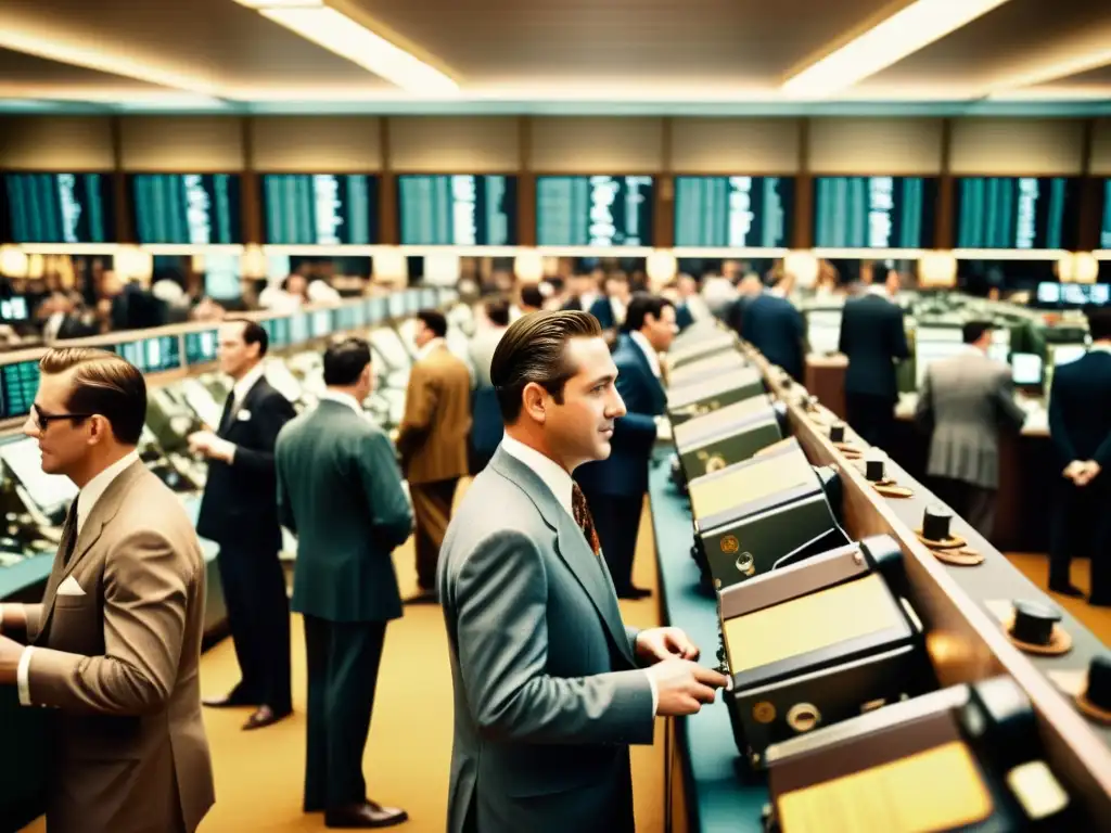 Un bullicioso piso de trading vintage en ricos tonos cálidos, con traders y máquinas de ticker