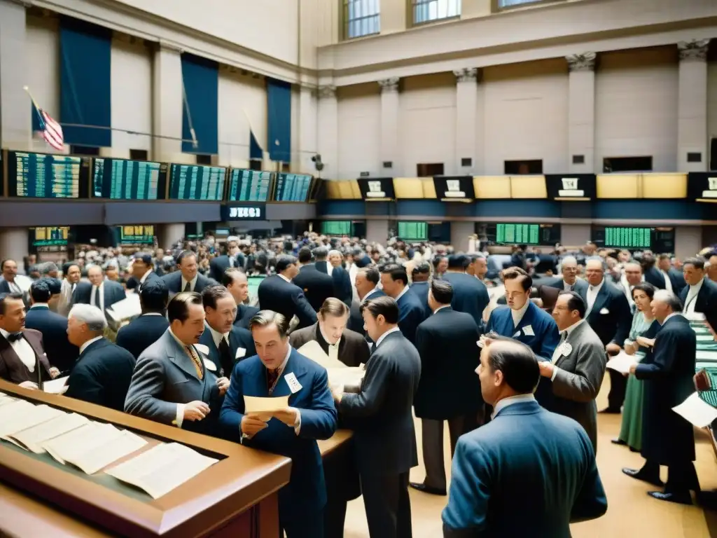 El bullicioso trading floor de la Bolsa de Nueva York en los años 1900, capturando la transición hacia plataformas electrónicas