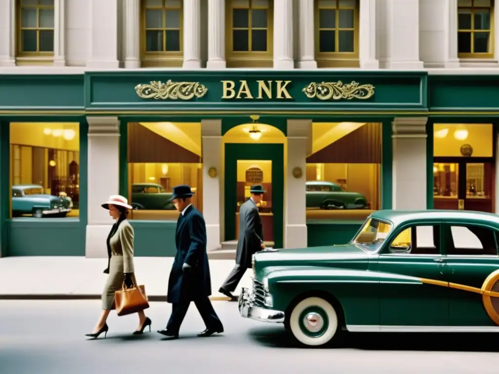 Una calle bancaria bulliciosa en los años 50, con gente elegante y edificios clásicos