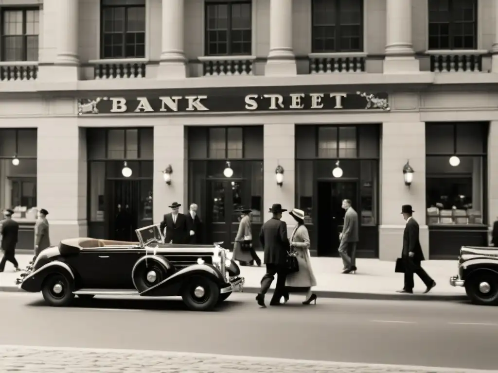 Una calle bancaria bulliciosa de la década de 1950, con gente y autos vintage