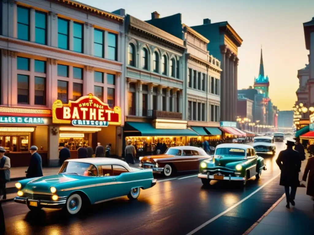 Una calle bulliciosa de ciudad vintage con autos clásicos, letreros de neón y gente realizando actividades diarias