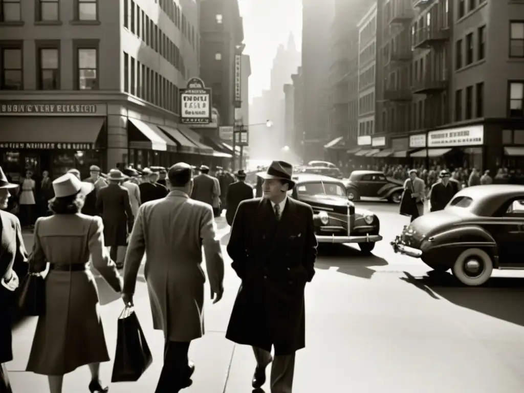 Una calle bulliciosa de la ciudad en blanco y negro, con personas vestidas a la moda de los años 40 y coches antiguos