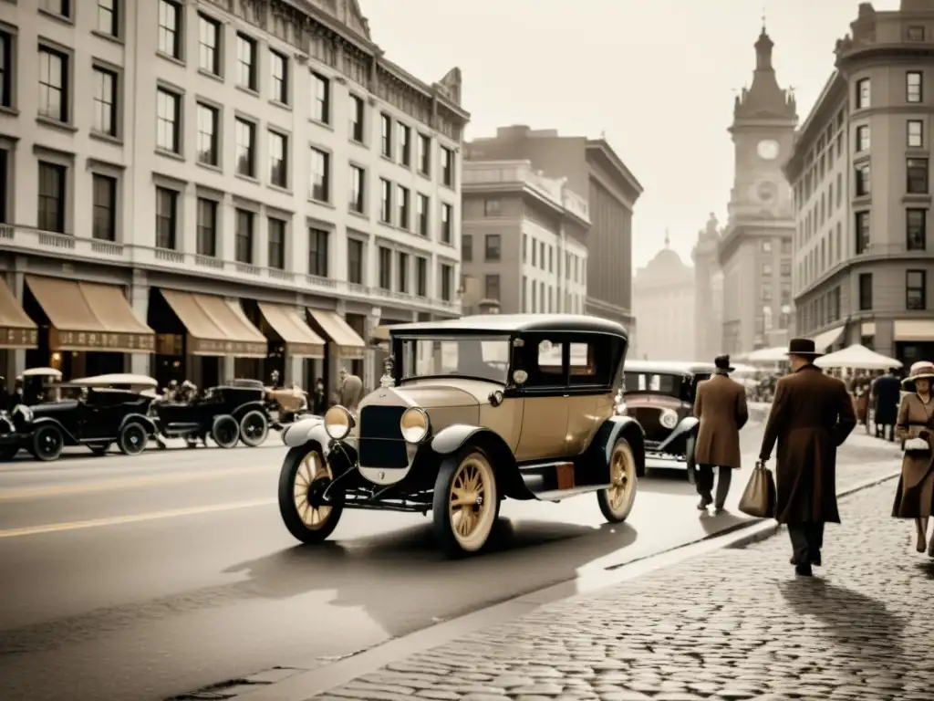 Una calle bulliciosa de la ciudad, con edificios ornamentados y gente vestida al estilo de los años 20, carros antiguos y coches de caballos