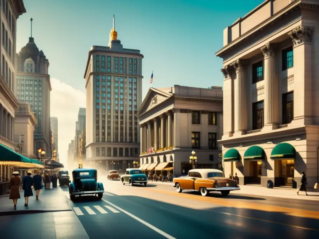 Una calle bulliciosa de la ciudad con edificios bancarios antiguos, coches clásicos y farolas vintage