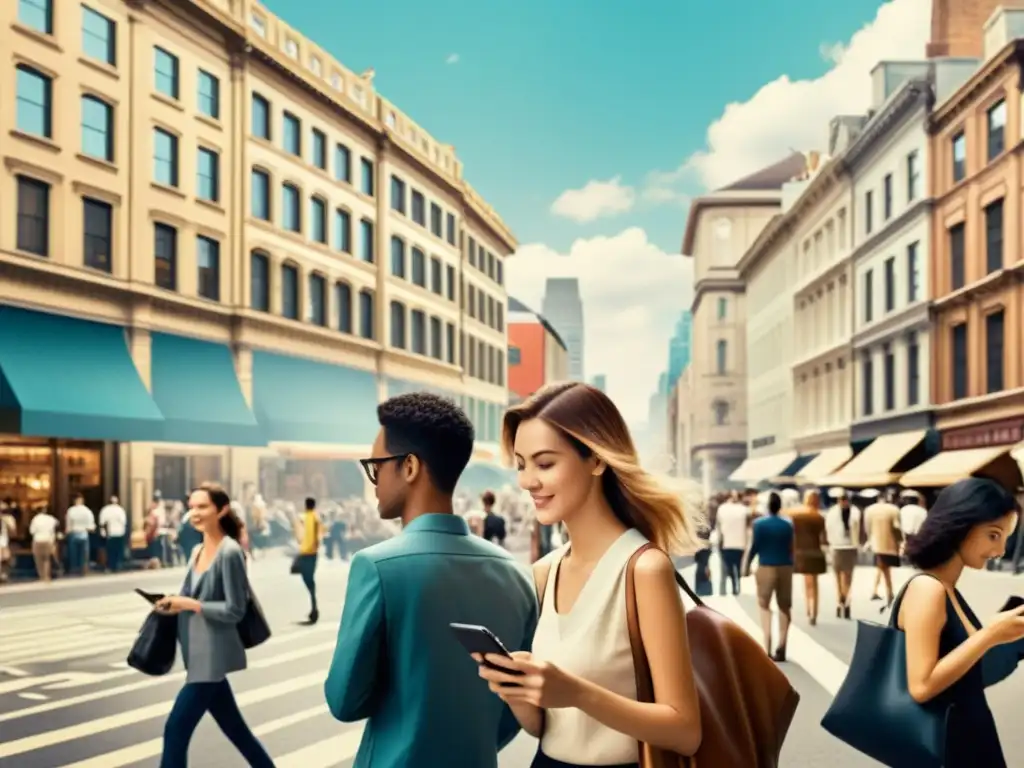 Una calle bulliciosa con personas interactuando en comunidades en línea y presenciales, reflejando el auge de relaciones sociales