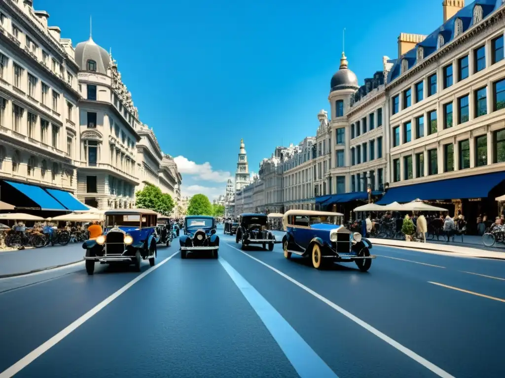 Una calle de la ciudad llena de vida, con edificios ornamentados y coches y bicicletas antiguos