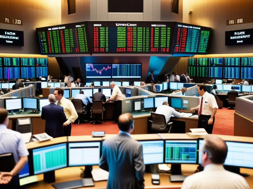 Caótico trading floor vintage durante el Flash Crash de 2010, con traders desordenados y expresiones de angustia