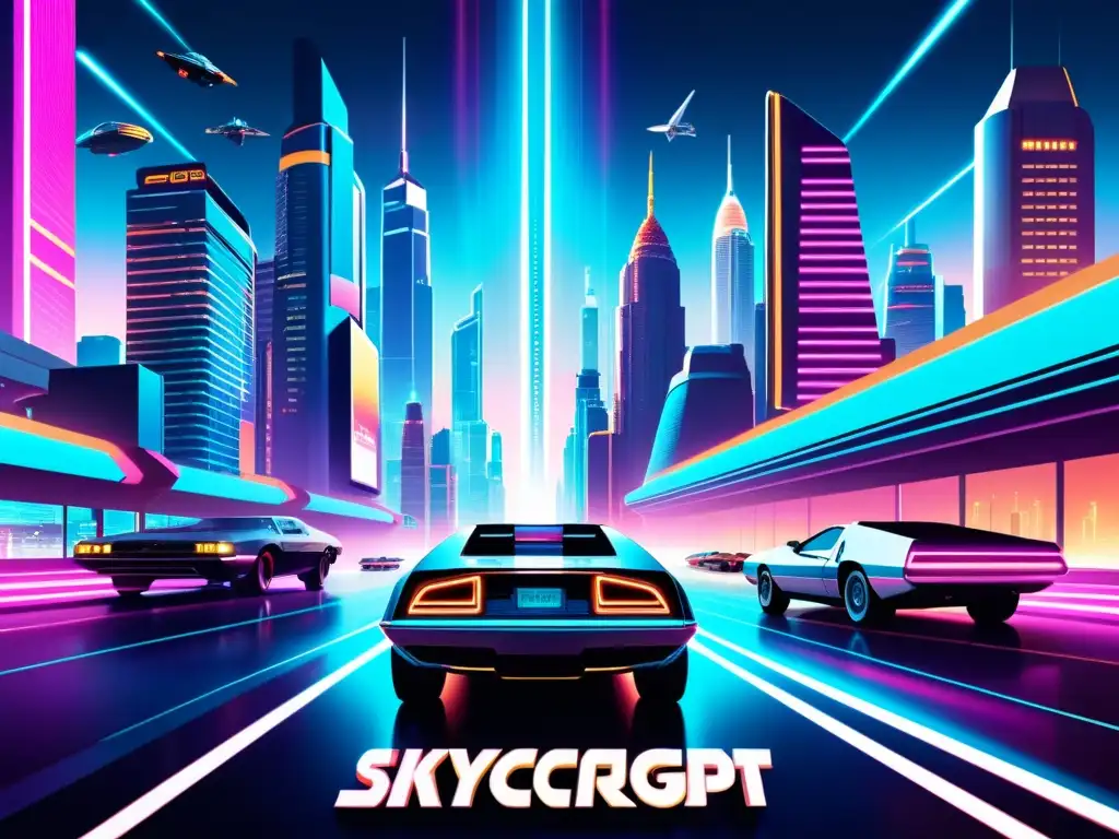 Futurismo retro en cartel de película vintage Cartel de película vintage con ciudad futurista, tecnología avanzada y estilo retrofuturista, evocando la evolución de la computación en el cine
