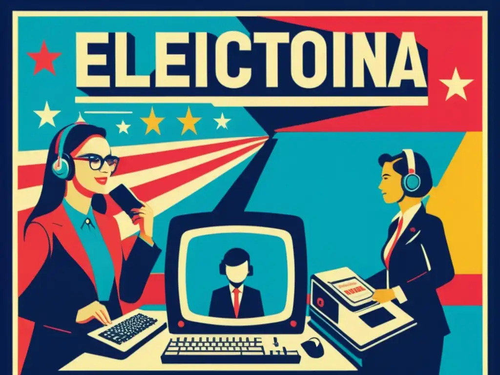 Cartel vintage con impacto de la computación en campañas electorales, escena bulliciosa y colorida de campaña política