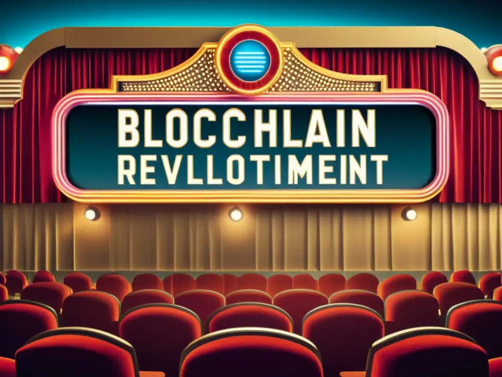 Un cartel vintage de un teatro con la frase 'Aplicaciones de blockchain en la industria' en tipografía retro