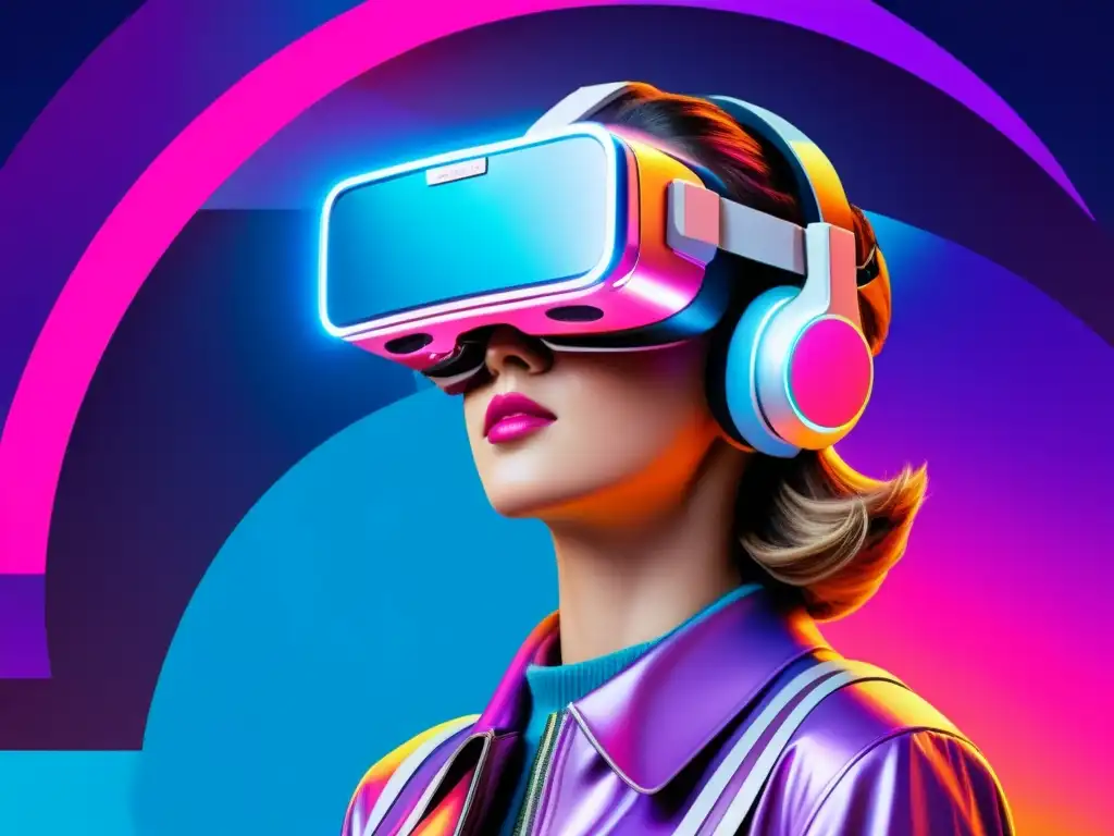 Un casco de realidad virtual futurista de estilo vintage en un ambiente de ciencia ficción retro, con colores vibrantes y geometría flotante