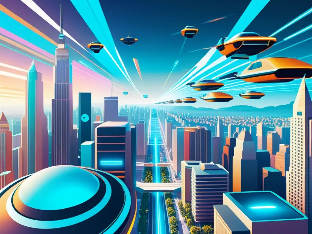 En el centro de la ciudad futurista, la historia de la computación evolución tecnológica se refleja en hologramas y autos voladores