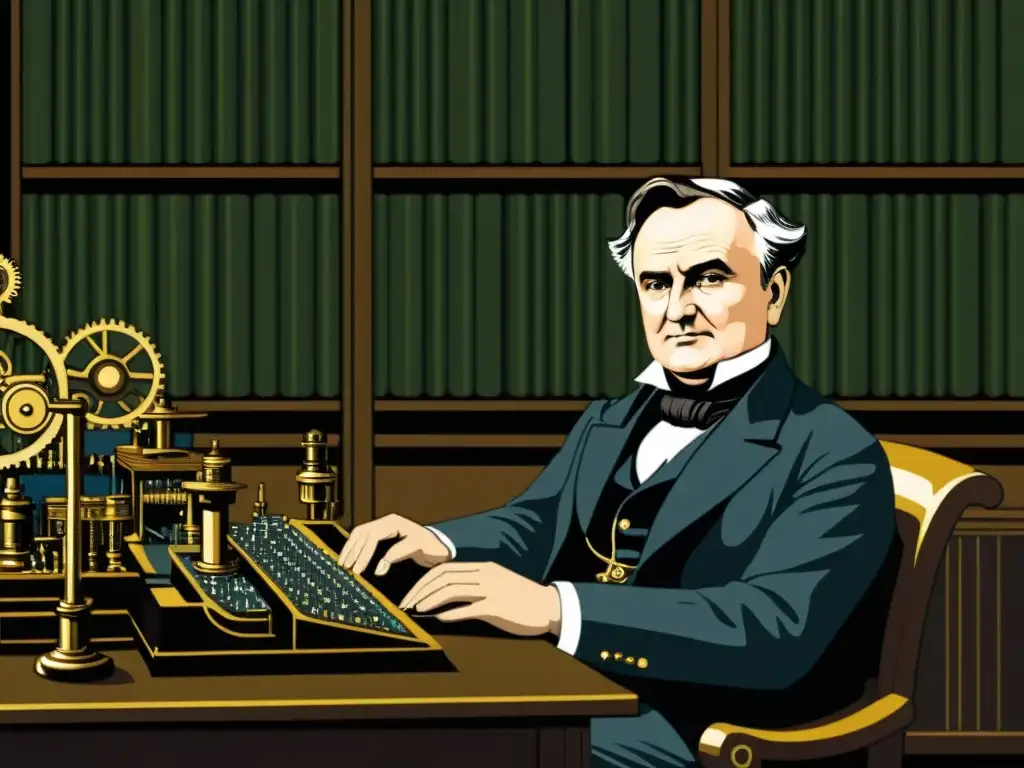 Ilustración vintage de Charles Babbage en su escritorio rodeado de intrincados dispositivos mecánicos