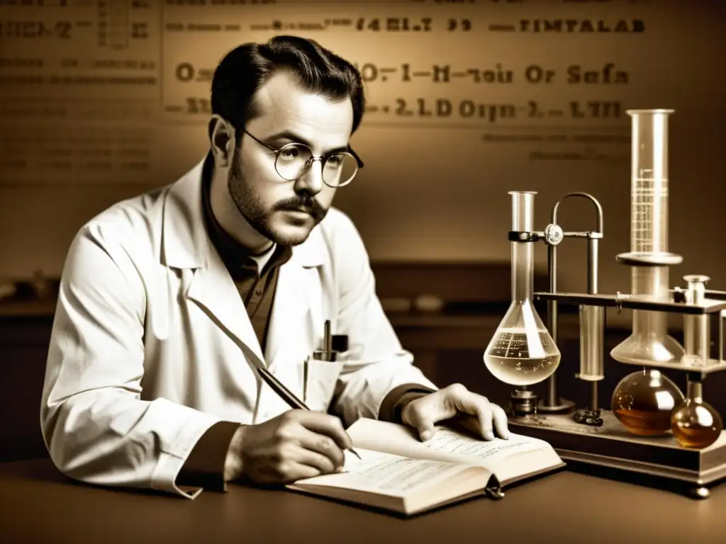 Ilustración vintage de científico en laboratorio con MATLAB Un científico concentrado trabaja en su laboratorio rodeado de equipo científico vintage, sosteniendo un cuaderno con ecuaciones complejas