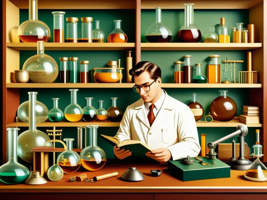 Exploración científica vintage: El laboratorio del sabio Un científico inmerso en su laboratorio rodeado de equipo científico antiguo, evocando la importancia de MATLAB en programación
