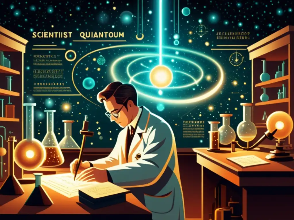 Experimento cuántico: Misterio y conocimiento atemporal en el laboratorio Un científico trabaja en un laboratorio lleno de equipos antiguos, rodeado de partículas cuánticas y ecuaciones
