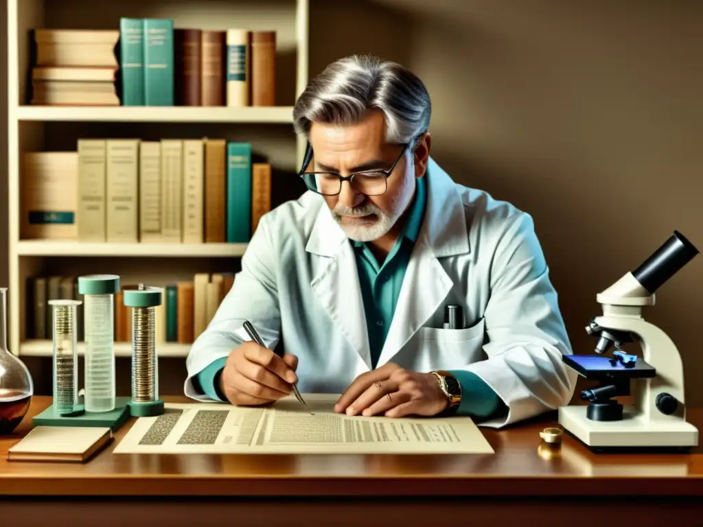 Un científico examina el ADN en un laboratorio vintage