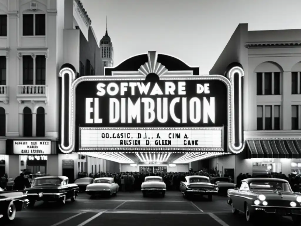 Marquesina de cine clásico en la bulliciosa ciudad, evocando la Evolución del software en el cine moderno