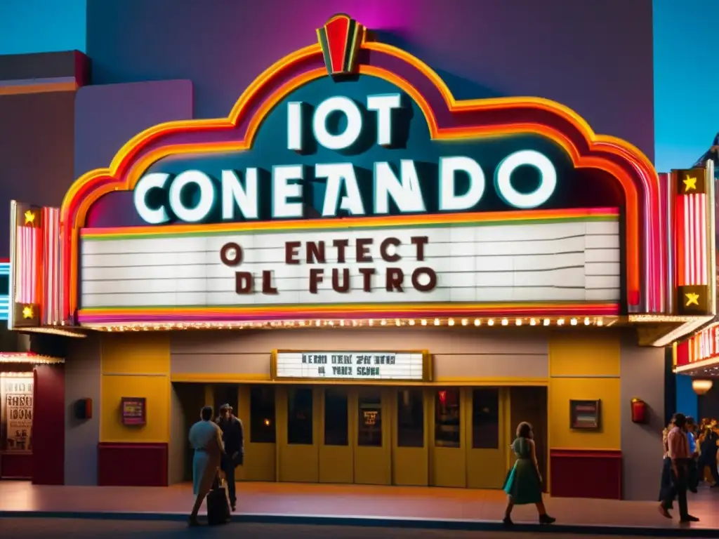 Marquesina de cine vintage iluminada por luces de neón, con la frase 'IoT: Conectando el entretenimiento del pasado y del futuro' en letras brillantes