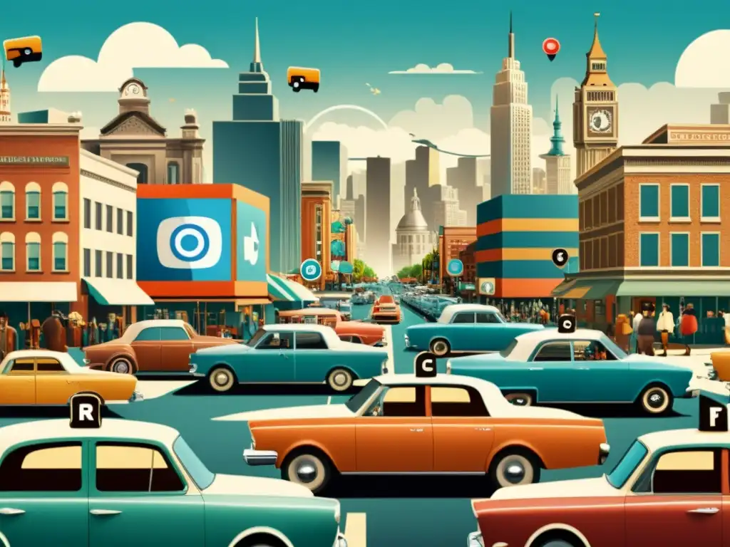 Una ilustración vintage de una ciudad bulliciosa con autos antiguos y personas vestidas de época, superpuesta con iconos de redes sociales y símbolos de motores de búsqueda, resaltando la intersección de plataformas tradicionales y digitales en la optimización de motores de búsqueda en redes sociales