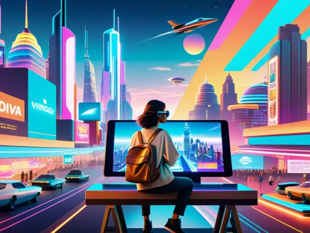Arte digital futurista en la ciudad vintage Una ciudad futurista con anuncios holográficos, coches voladores y luces de neón