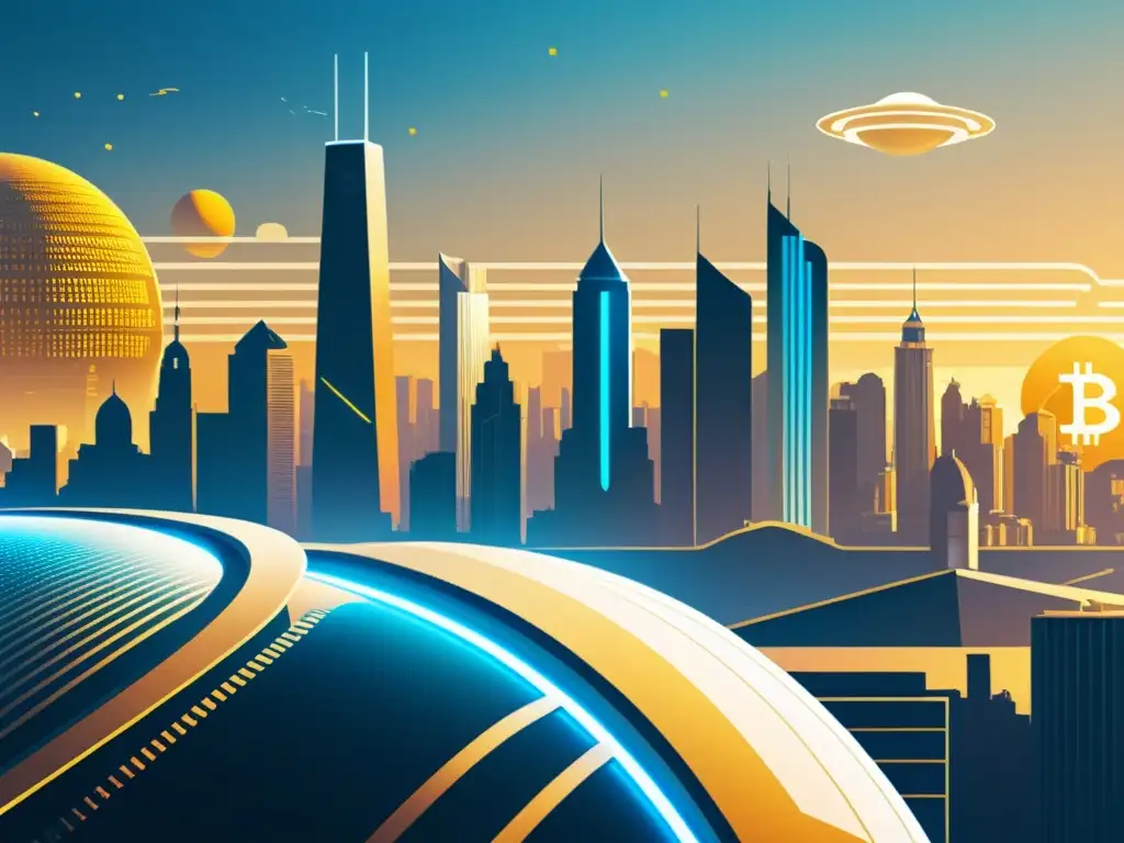 La ilustración muestra una ciudad futurista con una armoniosa integración de criptomonedas y bancos