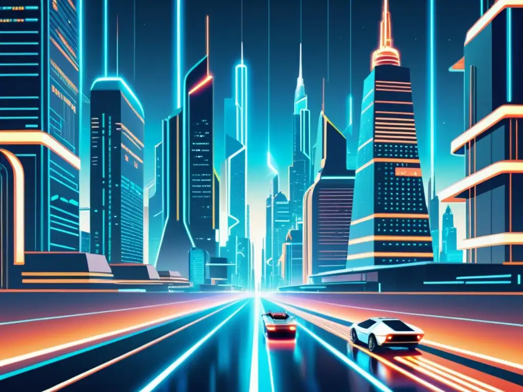 Una ilustración vintage de una ciudad futurista en el ciberespacio, con rascacielos interconectados por senderos de neón y autos voladores