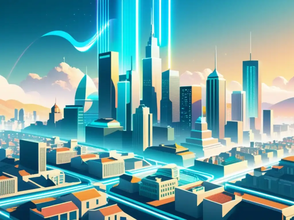 Metrópolis Futurista: Código Holográfico en Aire Una ilustración vintage de una ciudad futurista donde el código holográfico flota junto a edificios tradicionales, simbolizando la evolución y futuro de los lenguajes de programación