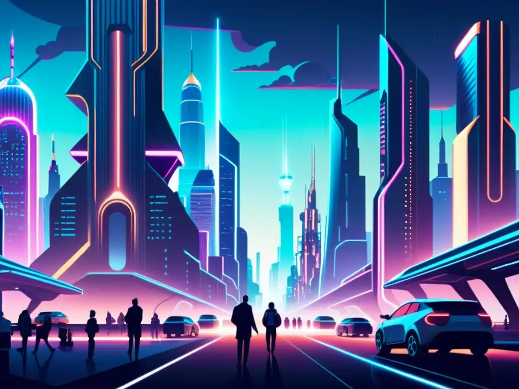 Una ilustración vintage de una ciudad futurista dominada por estructuras metálicas y luces de neón