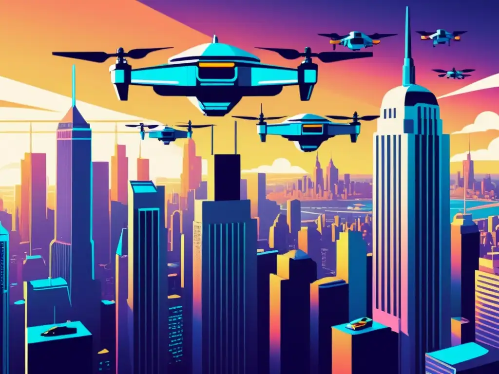 La ilustración muestra una ciudad futurista con drones autónomos y un debate sobre la ética en el uso de IA