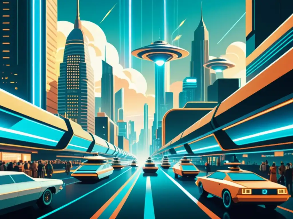 Una ilustración vintage de una ciudad futurista con edificios altos y hologramas, y vehículos voladores