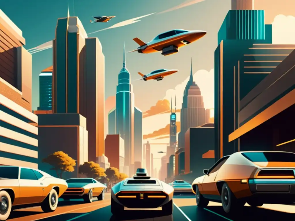 Una ilustración vintage de una ciudad futurista con edificios metálicos y avanzada inteligencia artificial