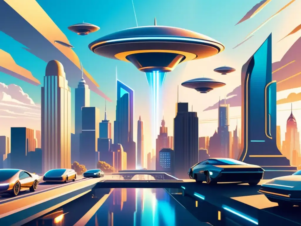 Una ilustración vintage de una ciudad futurista con edificios metálicos y autos voladores