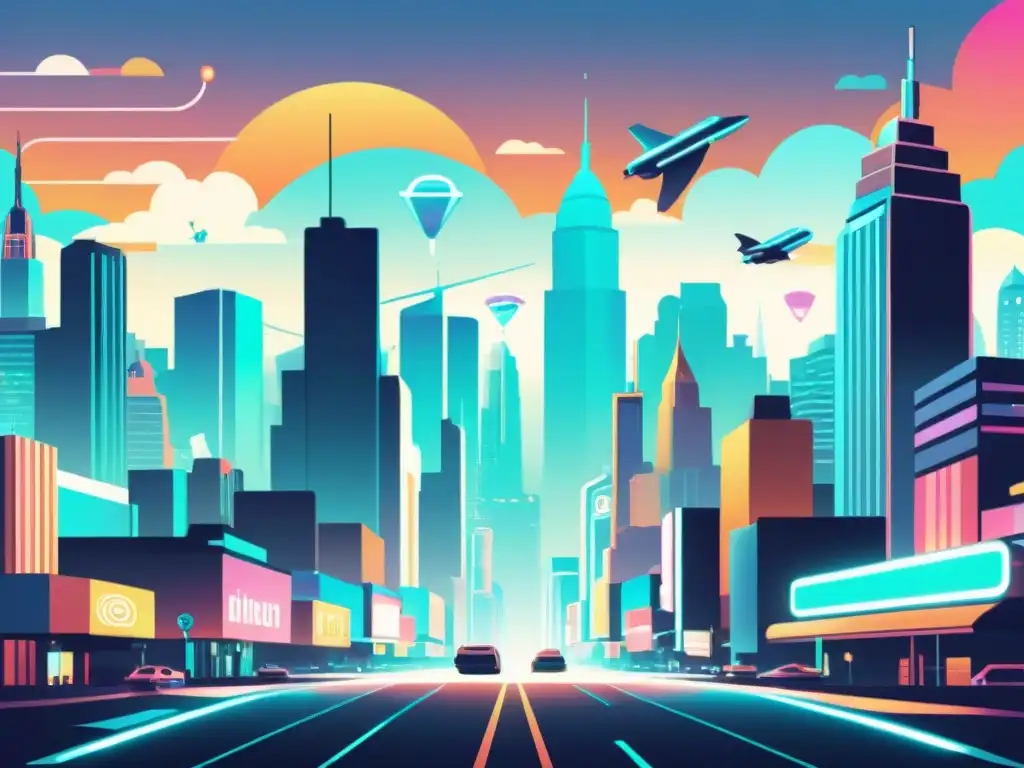 Una ilustración vintage de una ciudad futurista con herramientas de creación de contenido en redes sociales impulsadas por inteligencia artificial integradas en el paisaje urbano