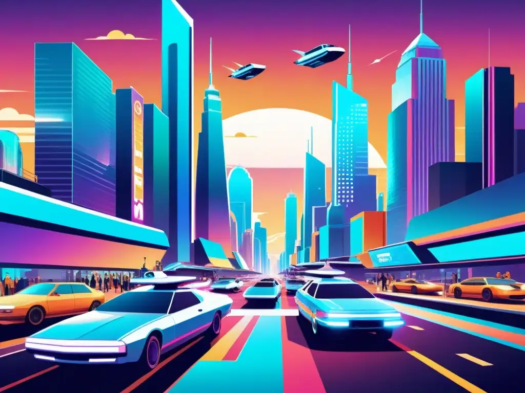 Una ilustración vintage de una ciudad futurista con hologramas y autos voladores, reflejando la evolución de estrategias SEO multimedia