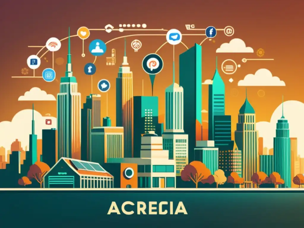 Una ilustración vintage de una ciudad futurista con iconos de redes sociales integrados en la arquitectura, representa la Integración de Inteligencia Artificial en Social Media Marketing