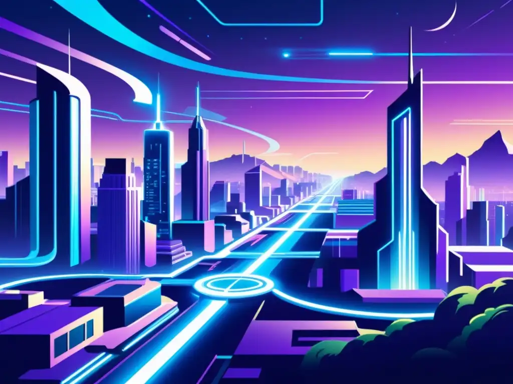 Una ilustración vintage de una ciudad futurista con imponente infraestructura para computación cuántica, rodeada de un paisaje tecnológicamente avanzado