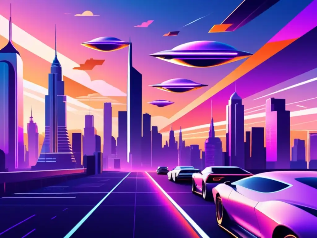 Una ilustración vintage de una ciudad futurista con imponentes edificios metálicos que se elevan hacia el cielo