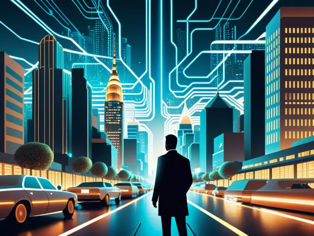 Ilustración vintage de una ciudad futurista con inteligencia artificial y actividad humana, evocando los 'Derechos y responsabilidades de la IA'